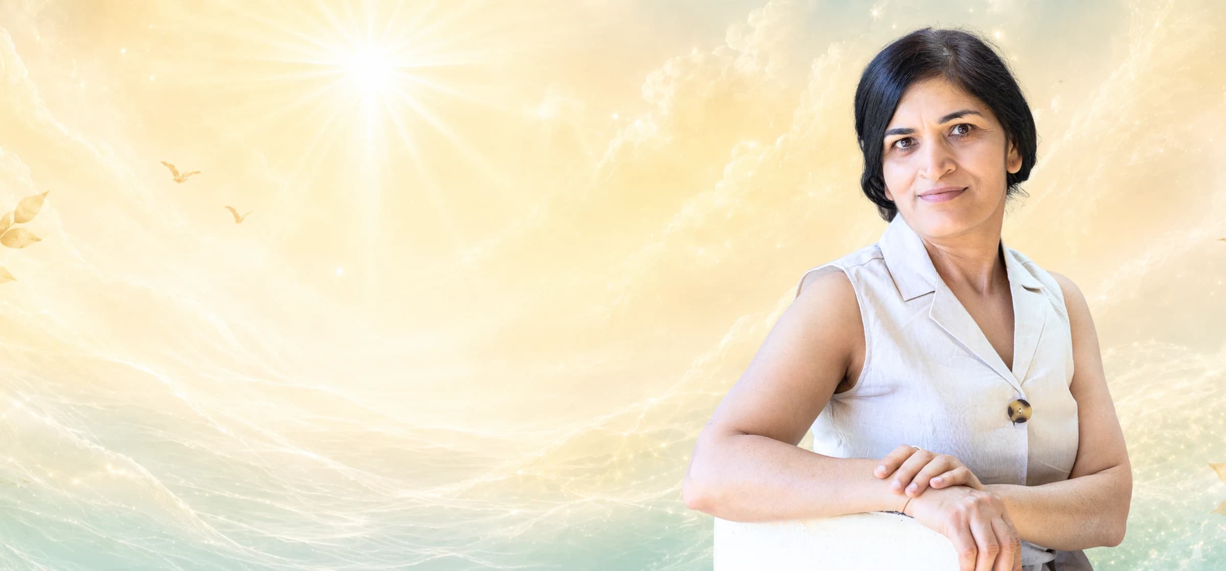 Reena in a serene healing landscape