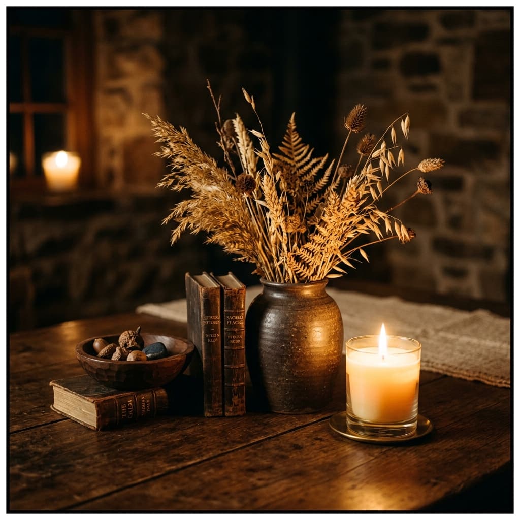 Aesthetic calm setting with a burning candle, vase, dried golden branches, and notebook