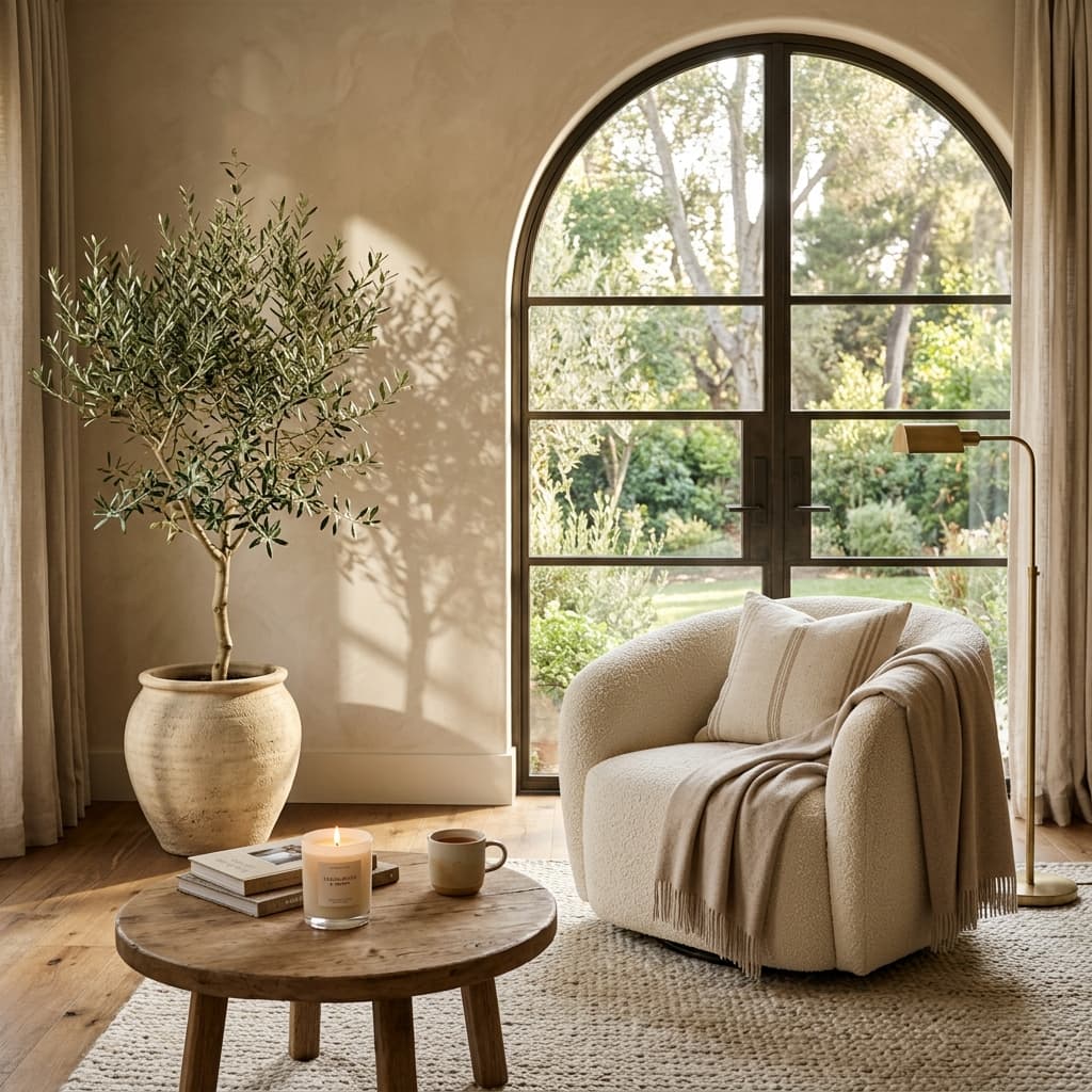 Serene, aesthetic healing living room with natural light and house plant